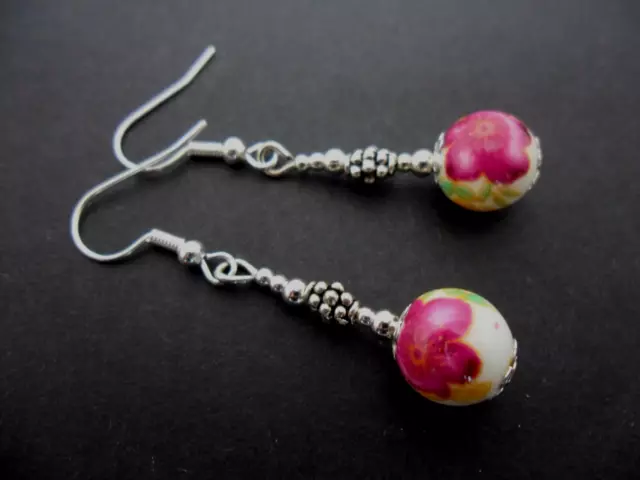 A Pair Of Lovely  Silver Plated Porcelain Flower  Bead Earrings. New.