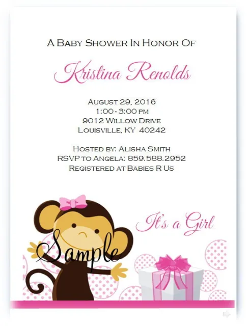 20 Personalized Adorable Pink Monkey Girls Baby Shower Invitations Present