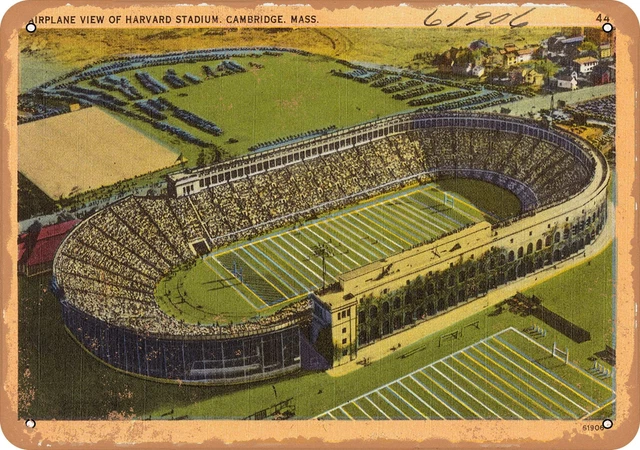 Metal Sign - Massachusetts Postcard - Airplane view of Harvard Stadium, Cambrid