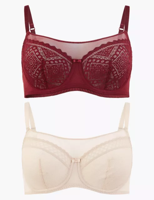 MARKS SPENCER M&S 2 Pack Mesh Lace Panel Wine/Cream Balcony Bras