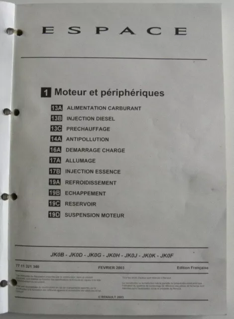 Manuel d'atelier Renault Espace moteur et périphériques du M.R 361 partie 1bis 2