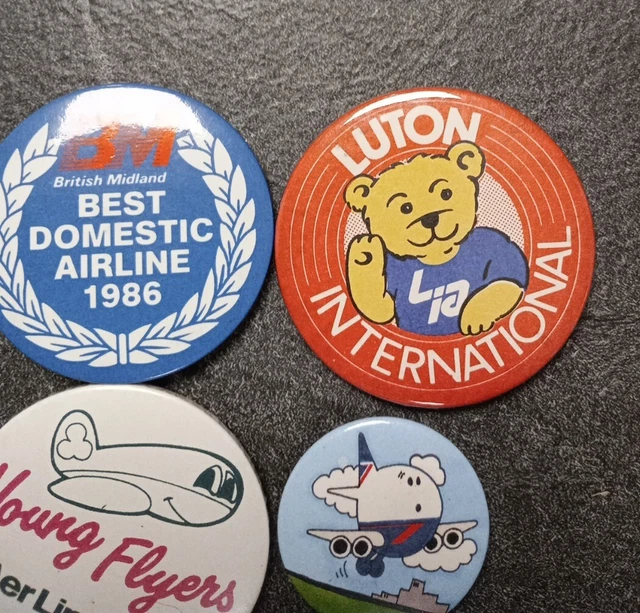 4x AIRPORT PIN BADGES -Aer Lingus VINTAGE RETRO ADVERTISING  LUTON & BUSTER BEAR