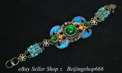 8.2" Old Chinese Silver Cloisonne Inlay Gems Jade Round Bracelet Hand chain