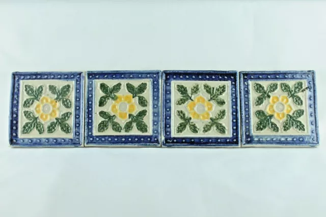 Antique Ceramic Tile Vintage Victorian Old Majolica Art Embossed Tiles Set 4 Pcs