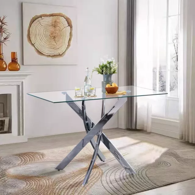 Glass Dining Table Modern Style Kitchen Dining Table with Cross Chrome Legs
