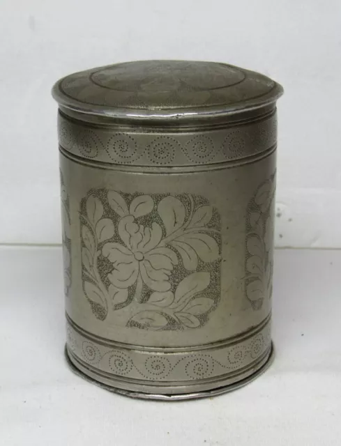 Antique Signed Chinese Pewter Tea/Opium Caddy Canister Engraved Floral Design