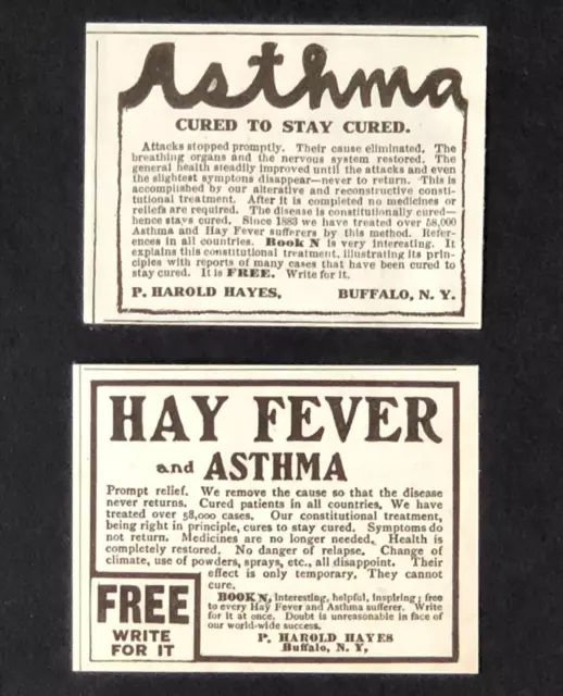 1904 Lot 2 Asthma Quack Medicine Advertisements Cured No Meds Antique Print AD