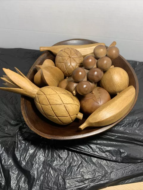 Tear Drop Shaped Wooden Fruit Bowl with 10 Pc wood Fruit