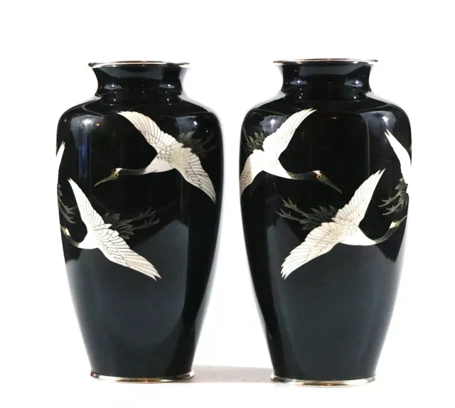 Pair of early 20th Century Japanese cloisonne crane vases 1127