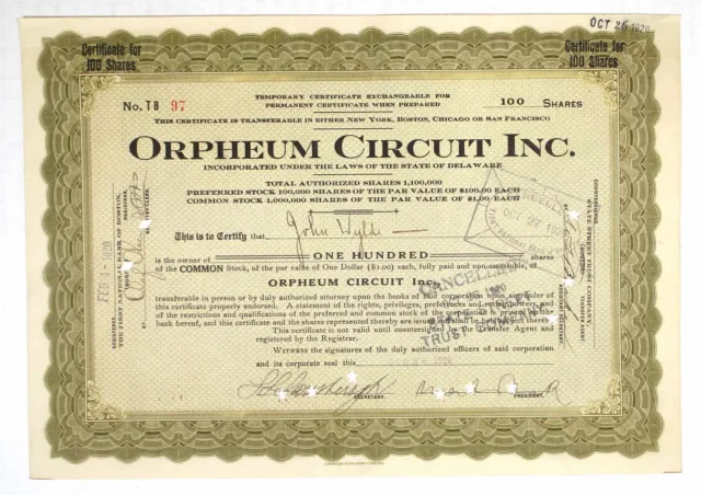 Orpheum Circuit Inc., 1920. 100 Shrs I/C Stock Cert. XF-AU. ABNC