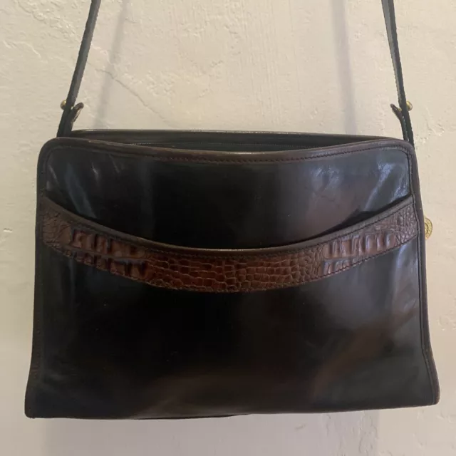 Brahmin Vintage 1990's Black Leather & Brown Croc  Trim Shoulder Bag Rare