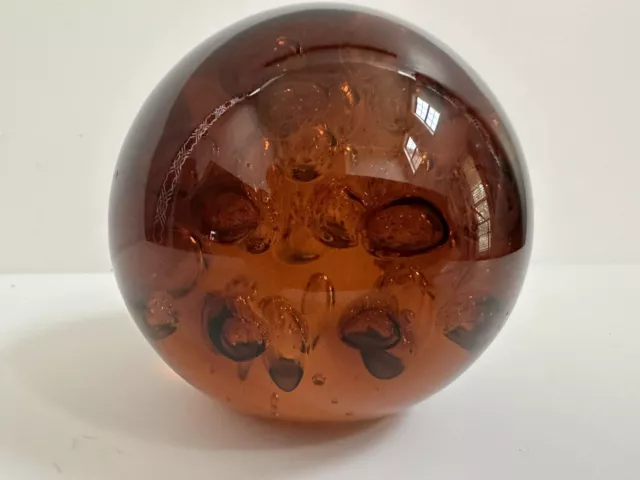 Vintage 3” Orange Amber Controlled Bubbles Round Sphere Glass Paperweight 1.5 lb