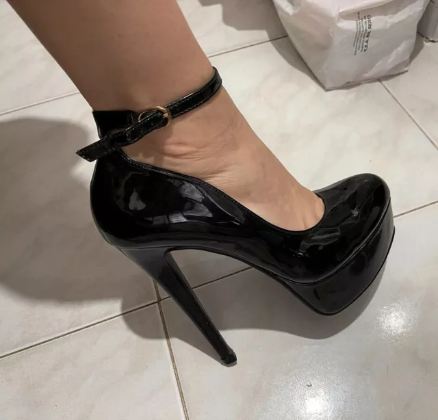 pumps ankle strap Decollete Sexy shiny Black patent 39 Plateau High Heels shoes