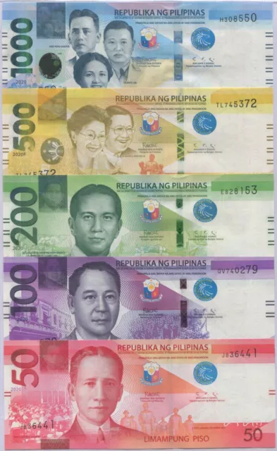 Philippines Set 5 UNC 50 100 200 500 1000 Pesos 2020 W/Blind Mark P 224-228