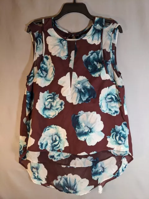Vera Wang brown/blue/white Floral Semisheer Split Back Sleeveless Tank Blouse  L