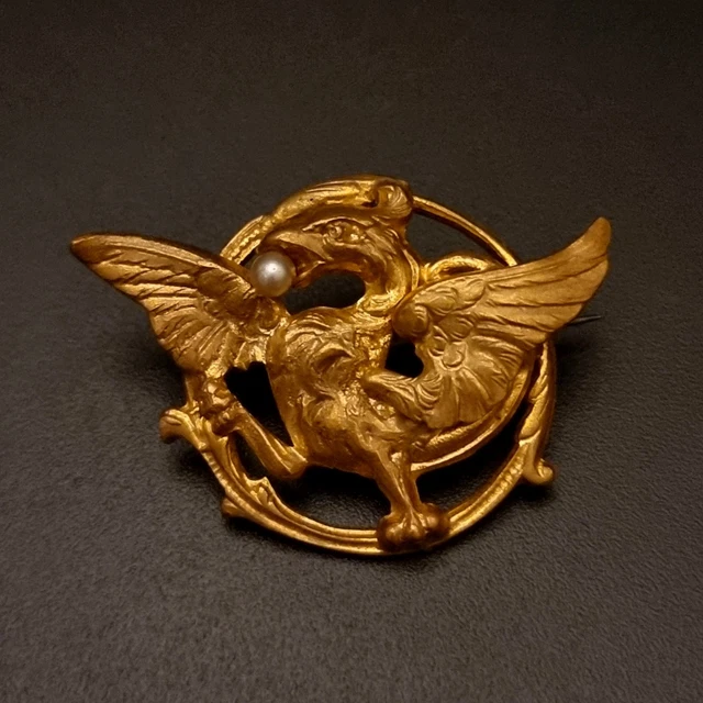 Broche Vintage Chimère/dragon Plaquée Or Avec 1/2 Perle - Années 1920/30