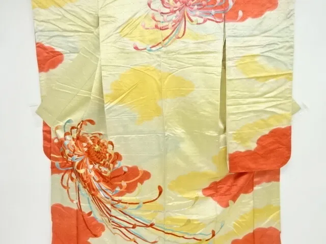 80186# Japanese Kimono / Antique Furisode / Embroidery / Cloud With Kiku