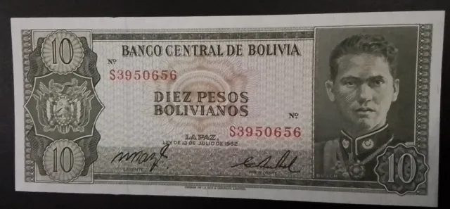 Bolivia _ (P154) _ 10 Pesos Bolivianos Banknote _ 1962 _ Uncirculated