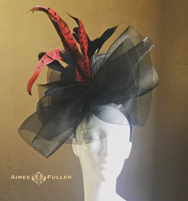 Aimee Fuller Kentucky Derby Fascinator Black Red Feather Ruffle Royal Ascot Hat