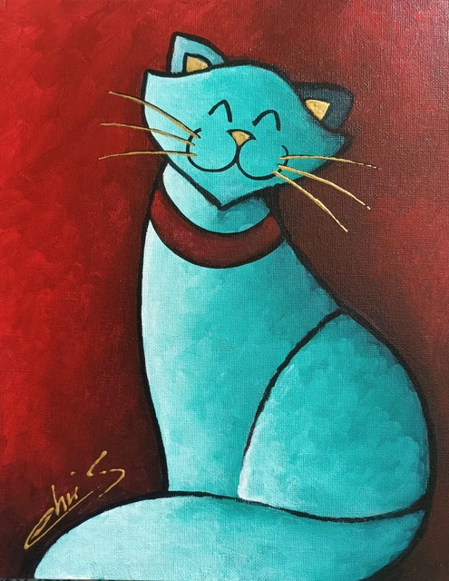 Tableau Peinture Toile Le Chat Turquoise Contemporain  Signe Chrisk