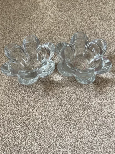 Pair Of Clear Glass Lotus Flower Tea Light Holders -Heavy Glass