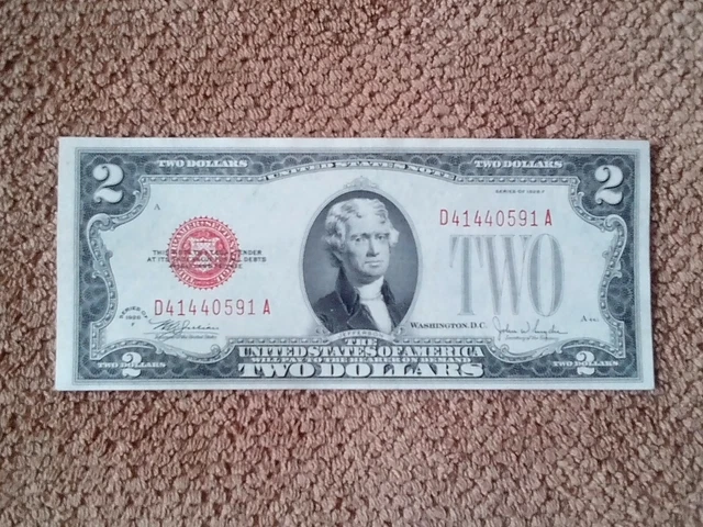 1928 Series F $2 Two Dollar Banknote, Crisp, Very Nice, Cu/Gemu, Red Seal