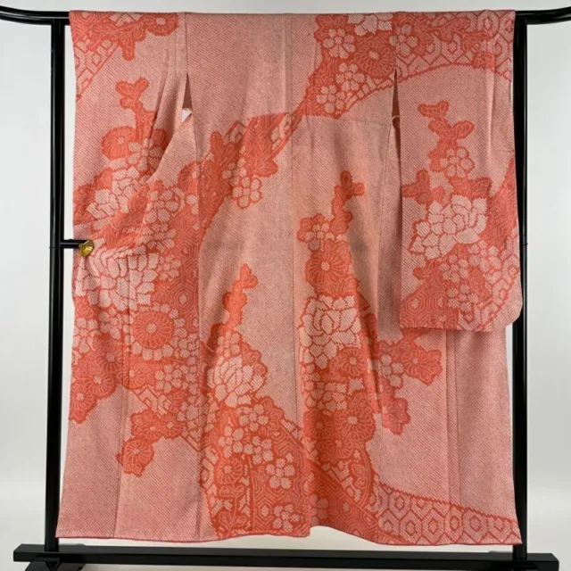Japanese Kimono Furisode Pure Silk Flower Salmon Pink Color Lined Kimono