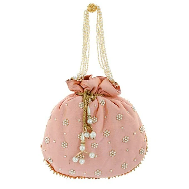 Ambiente Stile Etnico Donna Borsa Potli Cinturino con Perle & Ricamo Rosa