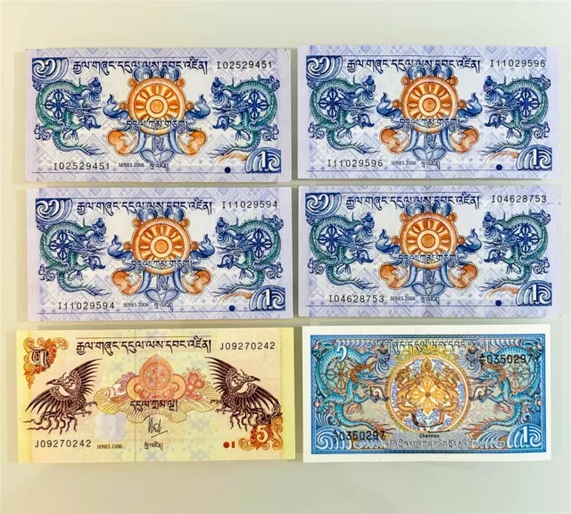 6x BHUTAN NGULTRUM BANKNOTES 5x 1 Ngultrum 1x 5 Ngultrum Royal Authority Bhutan