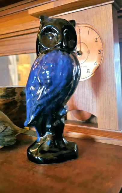 Vintage Canadian Pottery Owl Figurine, Blue Drip Glaze Redware