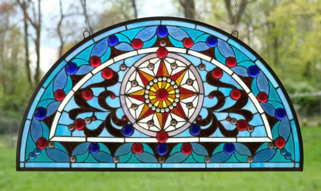 34"L x 18"H  Half Round Handcrafted stained glass window Jeweled Glass panel
