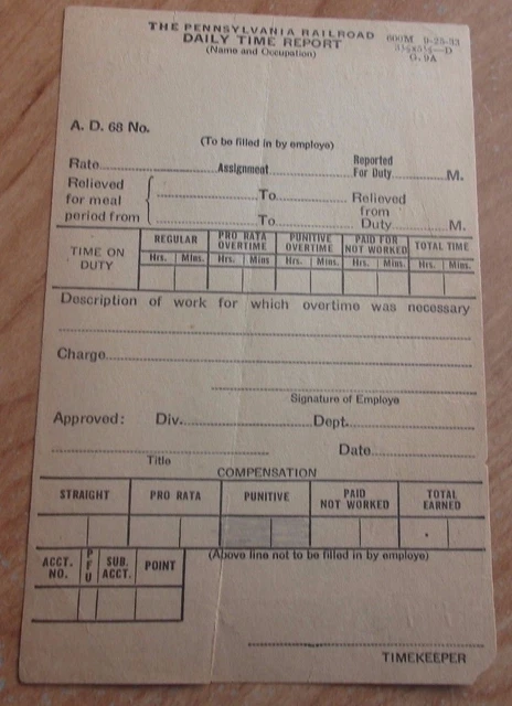 1940 The Pennsylvania Railroad Employee Daily Time Report With Phily A's Lineup