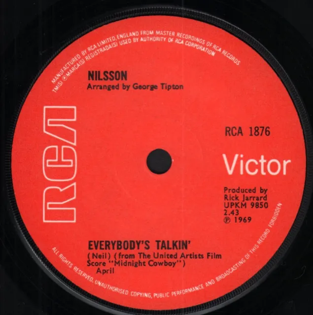 Nilsson Everybody&#039;s Talkin&#039; 7" vinyl UK Rca 1969 solid centre label