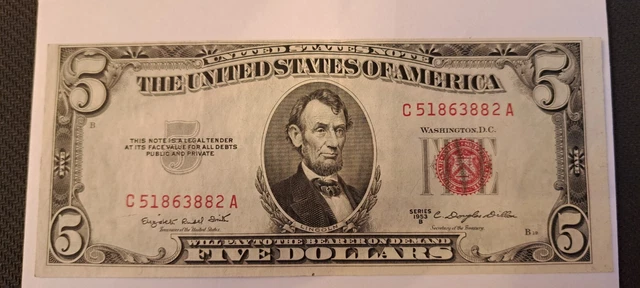 1953B $5 FIVE DOLLAR BILL UNITED STATES RED SEAL NOTE  1953 B (rare) POSS MISCUT
