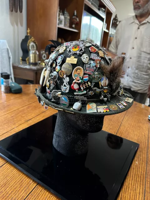 German Tyrolean Hat Covered in Pins, in Plexiglass Case