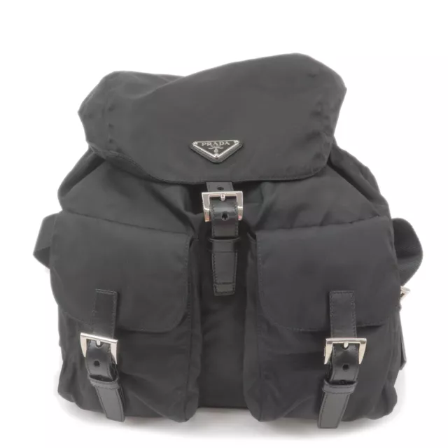 Auth PRADA Logo Back Pack Ruck Sack Black Nero Nylon V20 Used