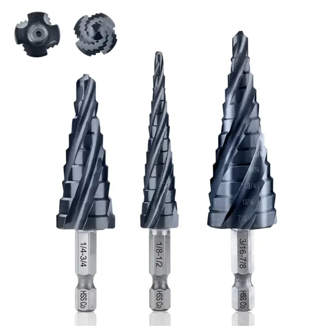 Toolant Four Spiral Flute Cobalt Step Drill Bit Set(Pro Max), 1/8"-7/8"(3Pcs) Im