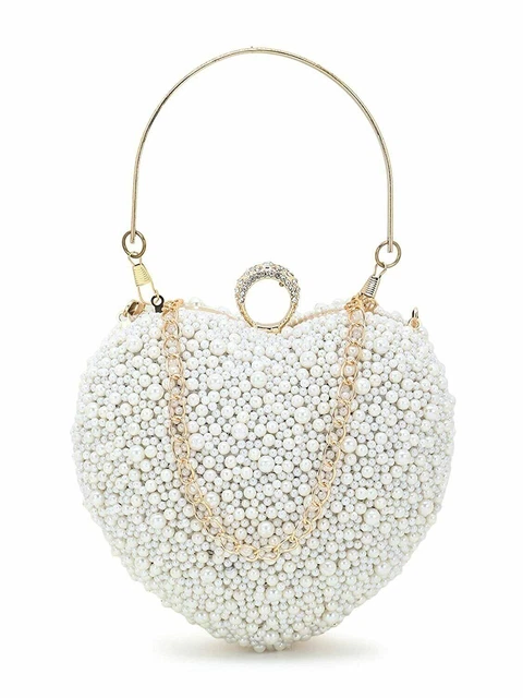 Mano Raro Amor Imitación Seda Perla Adornado Corazón Formado Embrague Bolsa