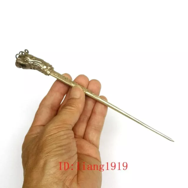 L 8 inch Collection Old Chinese Tibet Silver Hand-made Dragon Hairpin Hair Gift