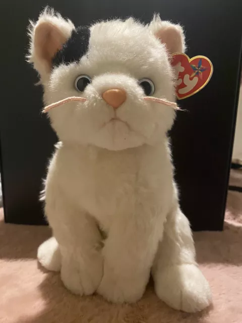 TY Beanie Babies 2004 DELILAH Cat 12" White With Black Spot Blue Eyes with Tags