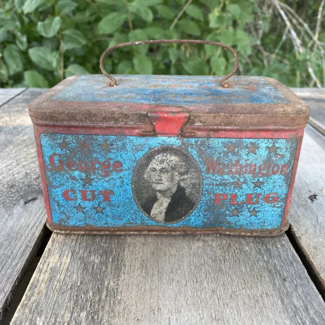 VINTAGE GEORGE WASHINGTON Cut Plug Pipe Chewing Tobacco Tin With Wire ...