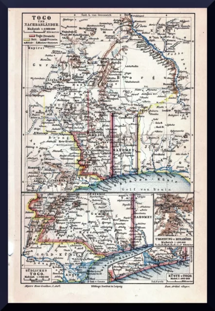 +Togo und Nachbarländer+ Landkarte 1895 +Deutsche Kolonie, Westafrika, Dahomey