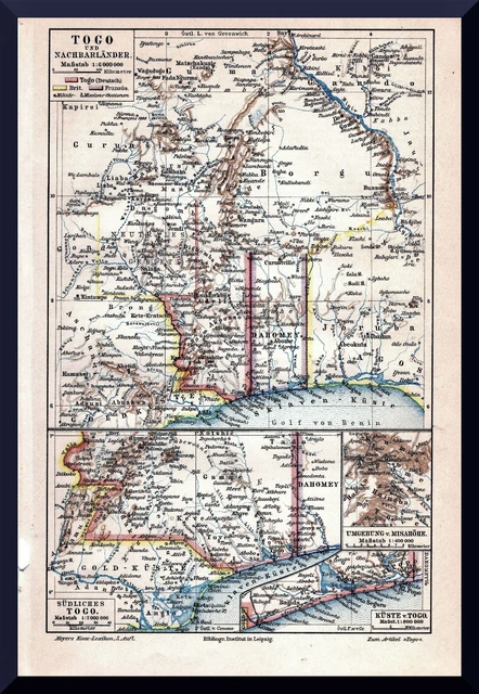 +Togo und Nachbarländer+ Landkarte 1895 +Deutsche Kolonie, Westafrika, Dahomey