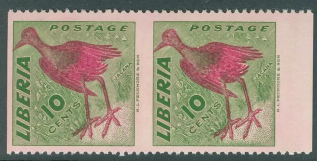 Liberia 1953, 10c bird, pair, vertical perforations are MISSING, NH, #345