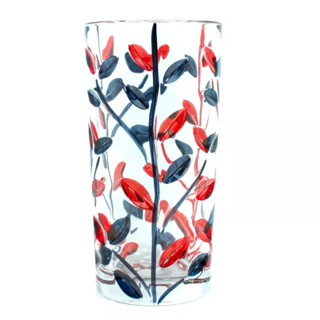 Murano Cristal Bebible Cristal Vaso Rojo Negro Pintado a Mano Flor 398ml