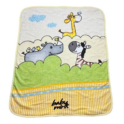 Vintage Baby Mink Yellow Baby Blanket With Giraffe Zebra Hippo  50” X 40”