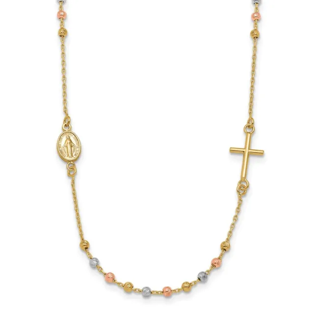 14K Tri-color Gold Sideways Cross Beaded Rosary Style 18 inch Necklace 3.52g