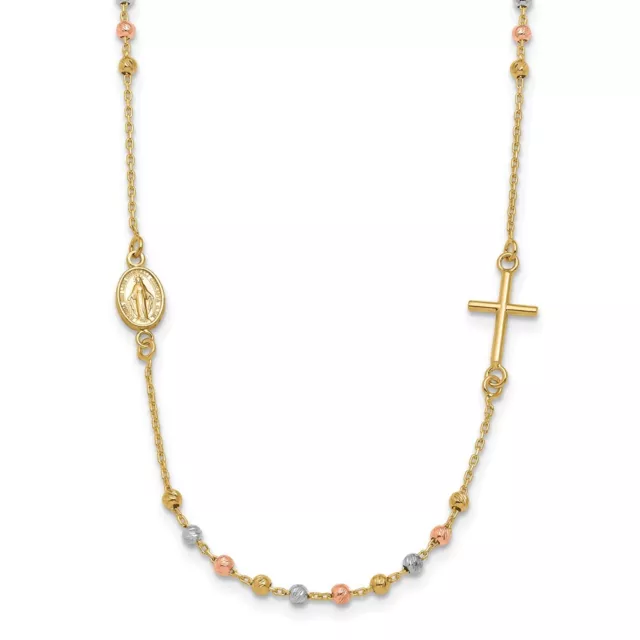 14K Tri-color Gold Sideways Cross Beaded Rosary Style 18 inch Necklace 3.52g 14K Tri-color Gold Sideways Cross Beaded Rosary Style 18 inch Necklace 3.52g