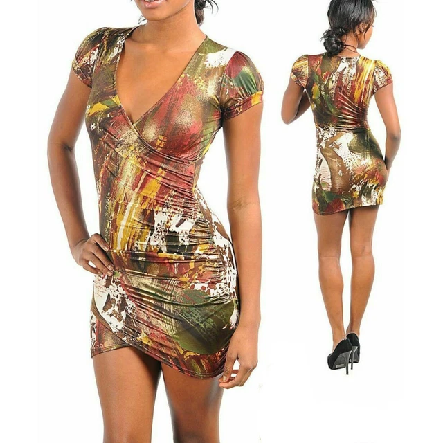 Vestito Donna Mini Abito Corto Stampato Multicolore Oro Manica Corta Nuovo #