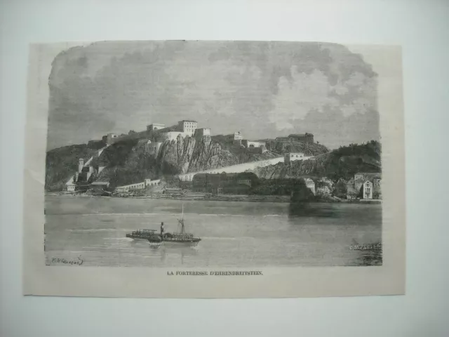 Gravure 1872. Forteresse D’ehrenbreitstein, Face De Coblentz. Par Ph. Blanchard.